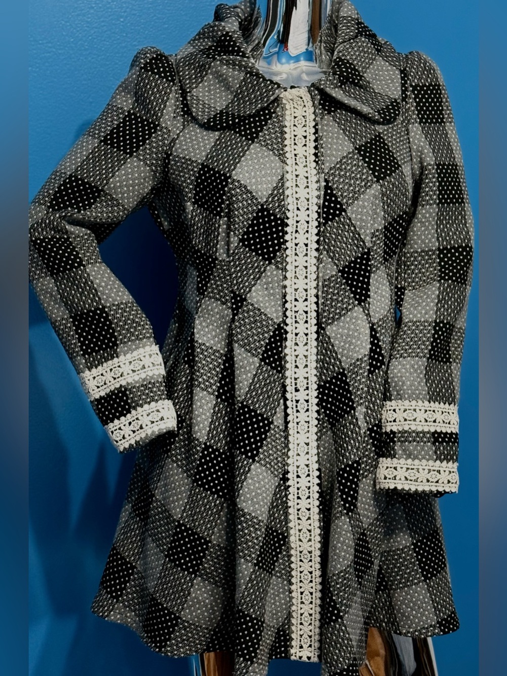Ryu Black & White Plaid Lace-Trim Dress Coat